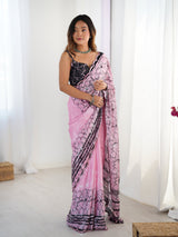 Pink Heavy Chinnon Saree with Kutchi Work Mirror Lace Border