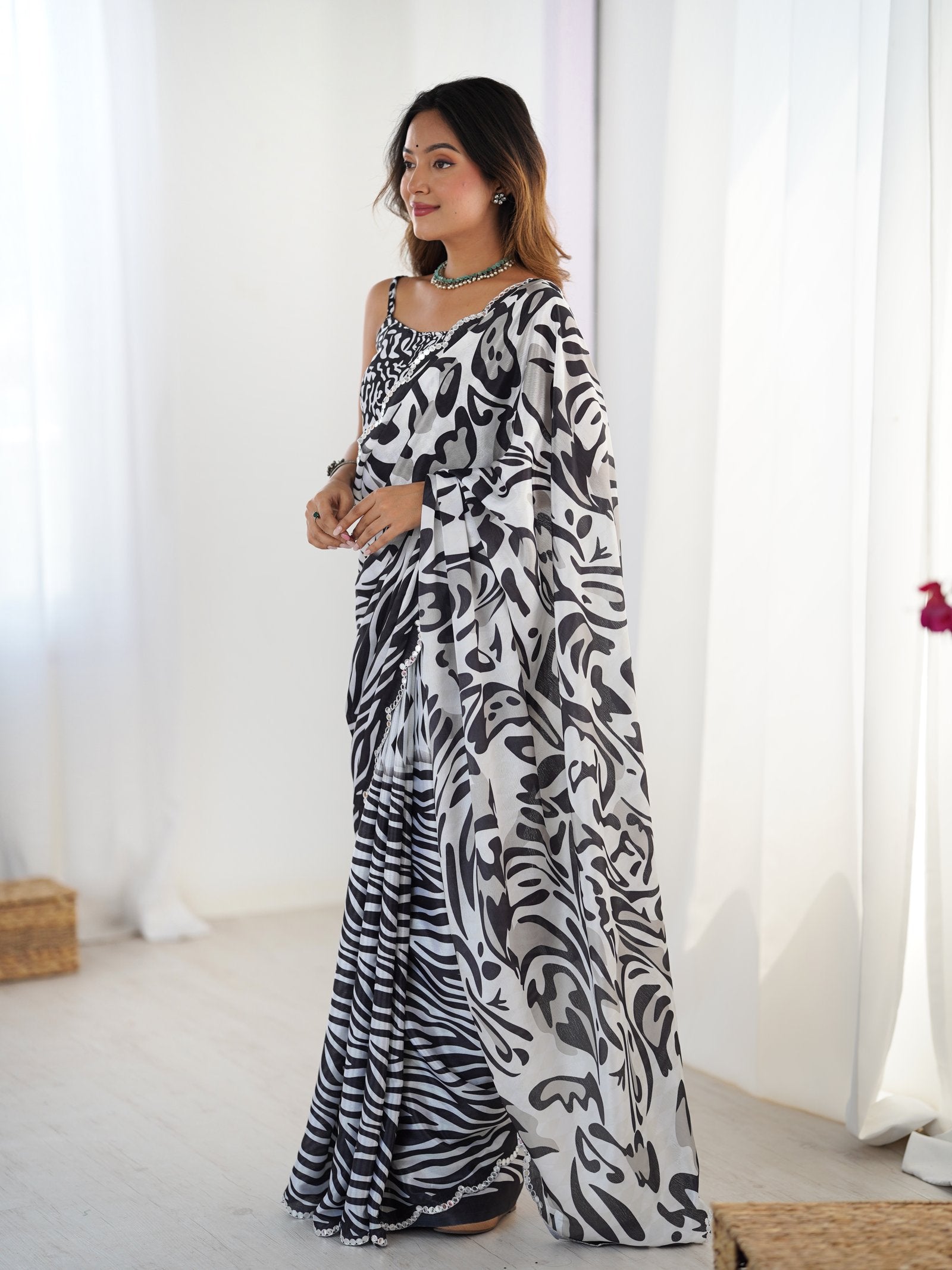Black & White Zebra Print Chinnon Saree with Mirror Border