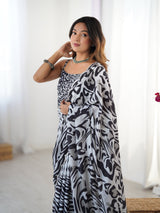 Black & White Zebra Print Chinnon Saree with Mirror Border