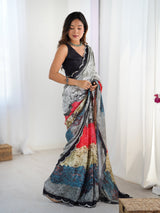 Multicolor Printed Chinnon Saree with Kutchi Mirror Lace Border