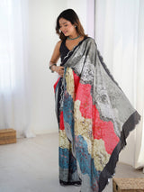 Multicolor Printed Chinnon Saree with Kutchi Mirror Lace Border