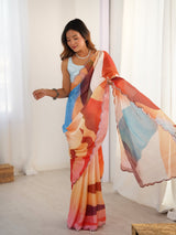 Multicolor Heavy Chinnon Saree with Kutchi Mirror Lace Border