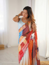 Multicolor Heavy Chinnon Saree with Kutchi Mirror Lace Border