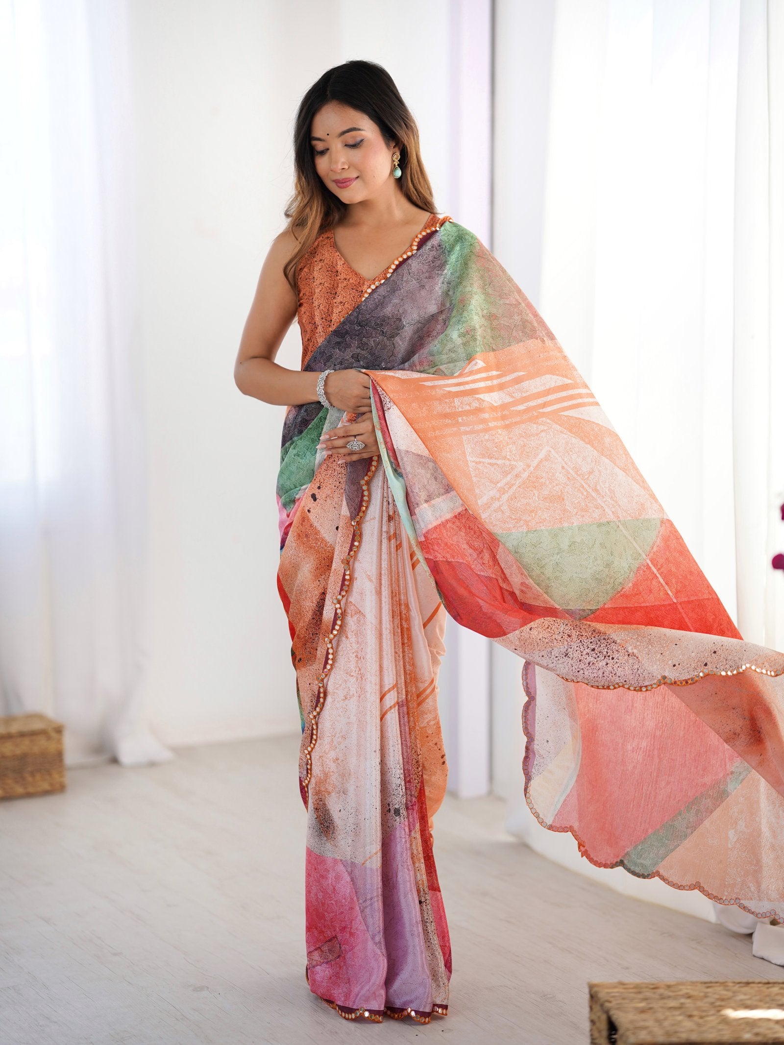 Multicolor Heavy Chinnon Saree with Kutchi Mirror Work Border