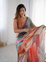 Multicolor Heavy Chinnon Saree with Kutchi Mirror Work Border