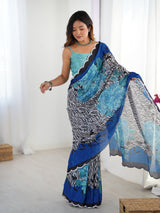 Multicolor Heavy Chinnon Saree with Kutchi Mirror Lace Border