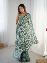 Elegant Green & White Chinnon Printed Saree with Mirror Work