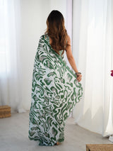 Elegant Green & White Chinnon Printed Saree with Mirror Work