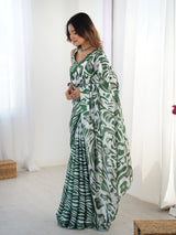 Elegant Green & White Chinnon Printed Saree with Mirror Work