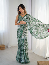 Elegant Green & White Chinnon Printed Saree with Mirror Work