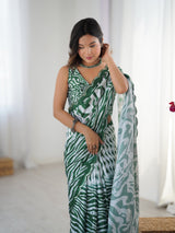 Elegant Green & White Chinnon Printed Saree with Mirror Work