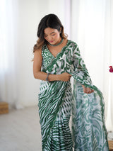 Elegant Green & White Chinnon Printed Saree with Mirror Work