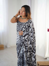 Black & White Chinnon Zebra Print Saree with Kutchi Mirror Work