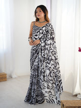 Black & White Chinnon Zebra Print Saree with Kutchi Mirror Work