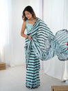 Teal Chinnon Saree with Striped Print & Mirror Work