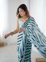 Teal Chinnon Saree with Striped Print & Mirror Work