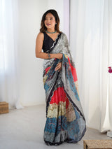 Multicolor Chinnon Saree with Kutchi Mirror Work Border