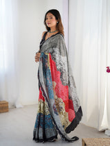 Multicolor Chinnon Saree with Kutchi Mirror Work Border