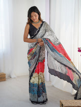 Multicolor Chinnon Saree with Kutchi Mirror Work Border