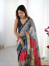 Multicolor Chinnon Saree with Kutchi Mirror Work Border