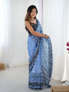 Sky Blue Chinnon Saree with Kutchi Mirror Work Border