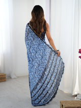 Sky Blue Chinnon Saree with Kutchi Mirror Work Border