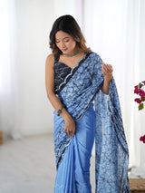 Sky Blue Chinnon Saree with Kutchi Mirror Work Border