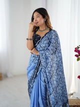 Sky Blue Chinnon Saree with Kutchi Mirror Work Border