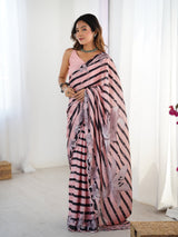 Pink Chinnon Printed Saree with Kutchi Mirror Lace Border