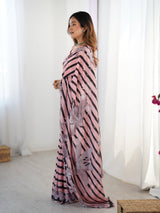 Pink Chinnon Printed Saree with Kutchi Mirror Lace Border
