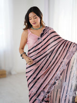 Pink Chinnon Printed Saree with Kutchi Mirror Lace Border