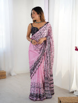 Pink Chinnon Printed Saree with Kutchi Mirror Lace Border