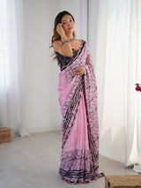 Pink Chinnon Printed Saree with Kutchi Mirror Lace Border