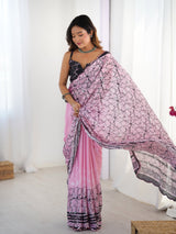 Pink Chinnon Printed Saree with Kutchi Mirror Lace Border