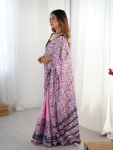 Pink Chinnon Printed Saree with Kutchi Mirror Lace Border