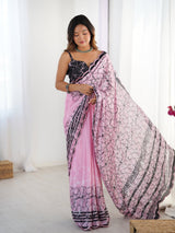 Pink Chinnon Printed Saree with Kutchi Mirror Lace Border