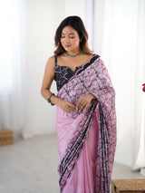 Pink Chinnon Printed Saree with Kutchi Mirror Lace Border