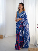 Navy Blue Chinnon Saree with Abstract Print & Mirror Border