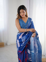 Navy Blue Chinnon Saree with Abstract Print & Mirror Border