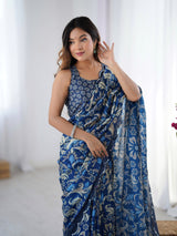 Navy Blue Chinnon Saree with Abstract Print & Mirror Border