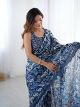 Navy Blue Chinnon Saree with Abstract Print & Mirror Border