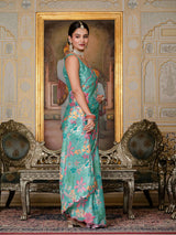 Teal Floral Printed Ready-to-Wear Saree with Kutchi Mirror Work