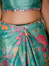 Teal Floral Printed Ready-to-Wear Saree with Kutchi Mirror Work