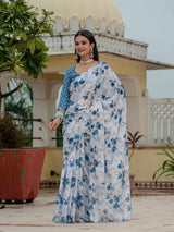White & Blue Floral Printed Ready-to-Wear Chinnon Saree