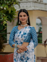 White & Blue Floral Printed Ready-to-Wear Chinnon Saree
