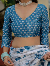 White & Blue Floral Printed Ready-to-Wear Chinnon Saree