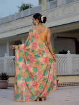 Multicolor Floral Print Ready To Wear Chinnon Saree