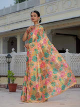 Multicolor Floral Print Ready To Wear Chinnon Saree