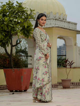 Cream Floral Chinnon Ready To Wear Saree with Mirror Border