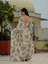 Cream Floral Chinnon Ready To Wear Saree with Mirror Border